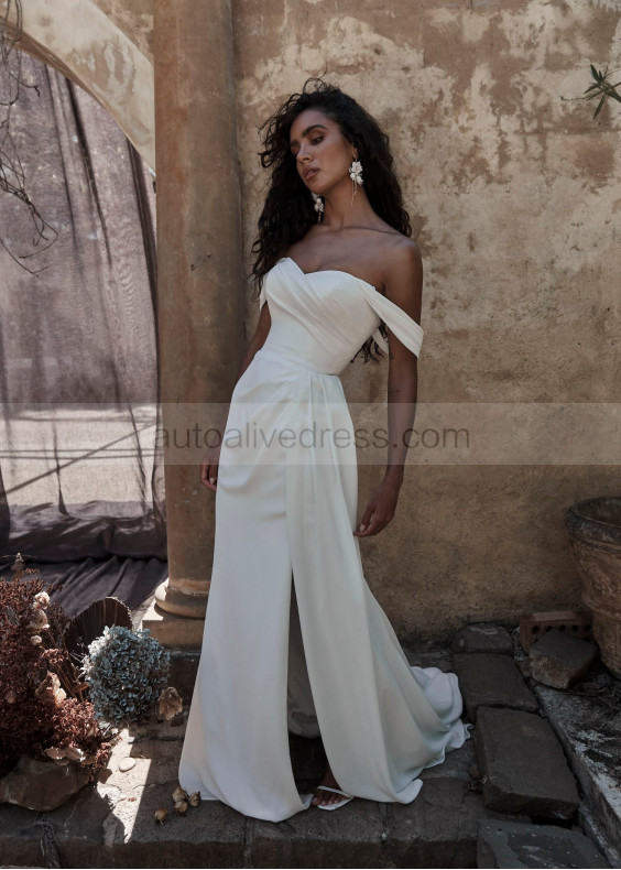 Off Shoulder Ivory Chiffon Slit Minimalist Wedding Dress Off Shoulder Ivory Chiffon Slit Minimalist Wedding Dress